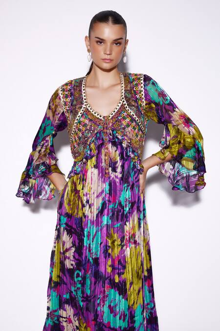 Verb By Pallavi Singhee Purple Viscose, Chiffon Sequins, Embroidery Abstract Color Splash Print Dress Online at Aza Fashions Verb By Pallavi Singhee_Purple Viscose, Chiffon Sequins, Embroidery Abstract Color Splash Print Dress _Online_at_Aza_Fashions