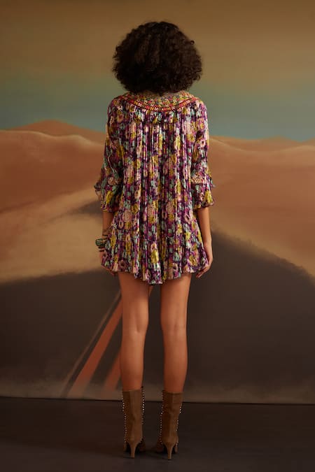 Shop Verb By Pallavi Singhee Purple Viscose, Chiffon Embroidery, Sequins Floral Print Yoke Ruffle Dress at Aza Fashions Shop_Verb By Pallavi Singhee_Purple Viscose, Chiffon Embroidery, Sequins Floral Print Yoke Ruffle Dress _at_Aza_Fashions