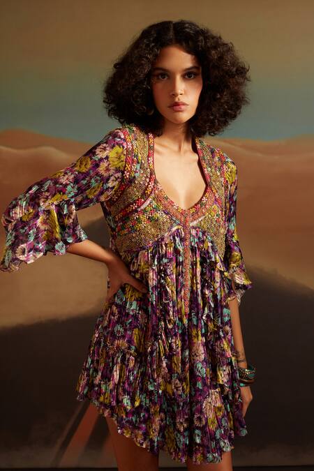 Verb By Pallavi Singhee Purple Viscose, Chiffon Embroidery, Sequins Floral Print Yoke Ruffle Dress Online at Aza Fashions Verb By Pallavi Singhee_Purple Viscose, Chiffon Embroidery, Sequins Floral Print Yoke Ruffle Dress _Online_at_Aza_Fashions