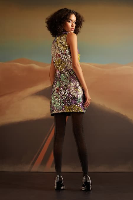 Shop Verb By Pallavi Singhee Purple Polyester Sequins, Embroidery Round 3d Bloom Applique Metallic Dress at Aza Fashions Shop_Verb By Pallavi Singhee_Purple Polyester Sequins, Embroidery Round 3d Bloom Applique Metallic Dress _at_Aza_Fashions