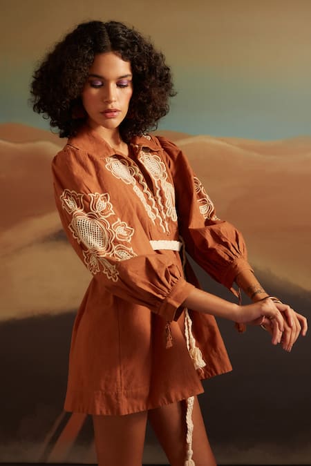 Buy Verb By Pallavi Singhee Brown Cotton Beads Collared Wildflora Embroidered Shirt Online at Aza Fashions Buy_Verb By Pallavi Singhee_Brown Cotton Beads Collared Wildflora Embroidered Shirt _Online_at_Aza_Fashions