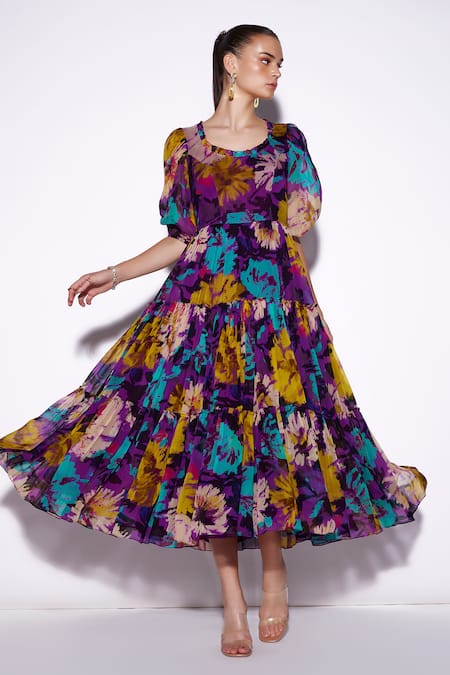 Verb by Pallavi Singhee Purple Organza Printed Abstract Round Neck Tiered Dress 