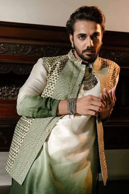 Shop Ankita Shahabadi Green Silk Printed Geometric Hand Embroidered Nehru Jacket at Aza Fashions Shop_Ankita Shahabadi_Green Silk Printed Geometric Hand Embroidered Nehru Jacket _at_Aza_Fashions