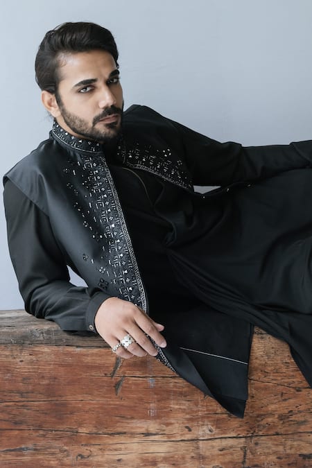 Shop Ankita Shahabadi Black Silk Embroidered Mirror Nehru Jacket at Aza Fashions Shop_Ankita Shahabadi_Black Silk Embroidered Mirror Nehru Jacket _at_Aza_Fashions