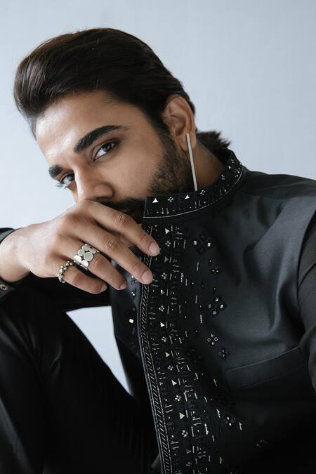 Ankita Shahabadi Black Silk Embroidered Mirror Nehru Jacket Online at Aza Fashions Ankita Shahabadi_Black Silk Embroidered Mirror Nehru Jacket _Online_at_Aza_Fashions