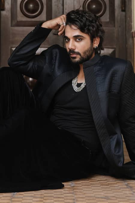 Shop Ankita Shahabadi Black Silk Solid Siam Pleated Long Jacket at Aza Fashions Shop_Ankita Shahabadi_Black Silk Solid Siam Pleated Long Jacket _at_Aza_Fashions