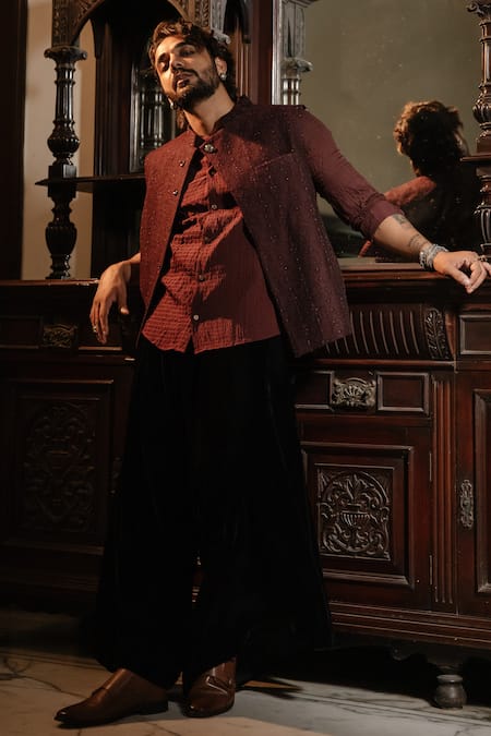 Buy Deep wine nehru jacket set Online for men by NEHA GUR SAHANI - 4168315