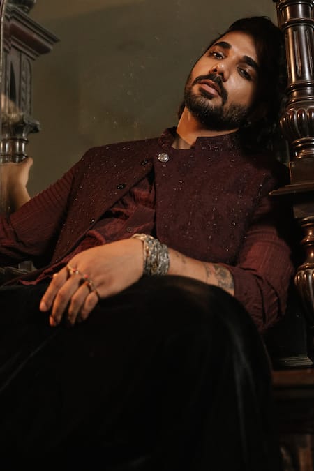 Ankita Shahabadi Wine Hand Embroidered Nehru Jacket 