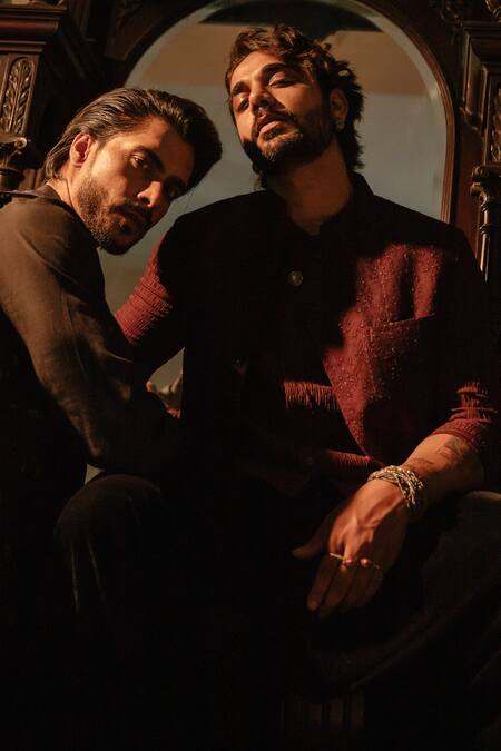 Ankita Shahabadi_Wine Silk Hand Embroidered Sequins Nehru Jacket _Online_at_Aza_Fashions