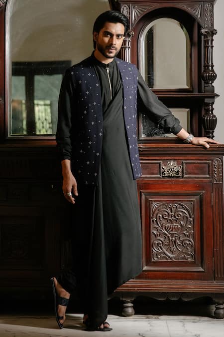 Buy SOJANYA Men's Cotton Blend Black Kurta & Navy Blue Nehrujacket With  White Churidar Pyjama, Size: 36 at Amazon.in