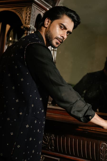 Ankita Shahabadi Hand Embroidered Navy Nehru Jacket 