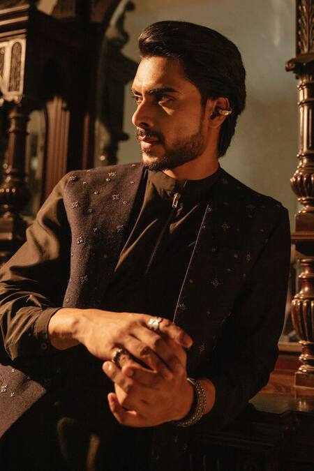 Buy_Ankita Shahabadi_Blue Silk Hand Embroidered Stars Navy Nehru Jacket _Online_at_Aza_Fashions