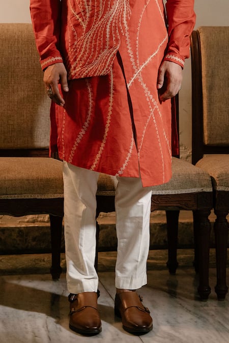 Buy_Ankita Shahabadi_Red Linen Hand Embroidered Abstract Motifs Layered Kurta _Online_at_Aza_Fashions