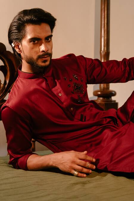 Shop_Ankita Shahabadi_Wine Silk Hand Embroidered Floral Devarsh Kurta _at_Aza_Fashions