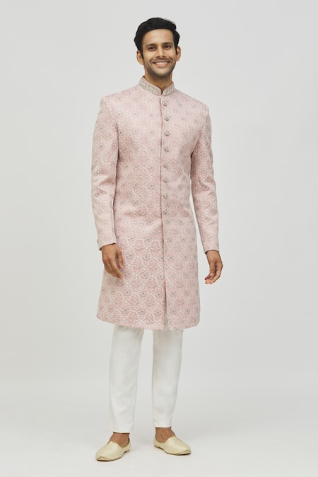 Aryavir Malhotra Mughal Floral Pattern Self Hand Work Sherwani Set 