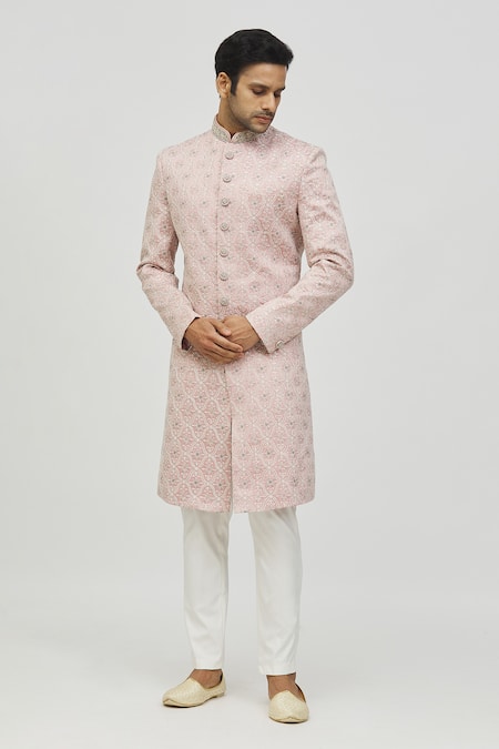 Buy_Arihant Rai Sinha_Pink Silk Embroidery Mughal Floral Pattern Self Hand Work Sherwani Set _Online_at_Aza_Fashions