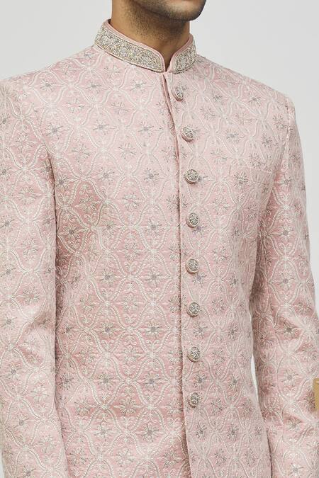 Shop_Arihant Rai Sinha_Pink Silk Embroidery Mughal Floral Pattern Self Hand Work Sherwani Set _Online_at_Aza_Fashions