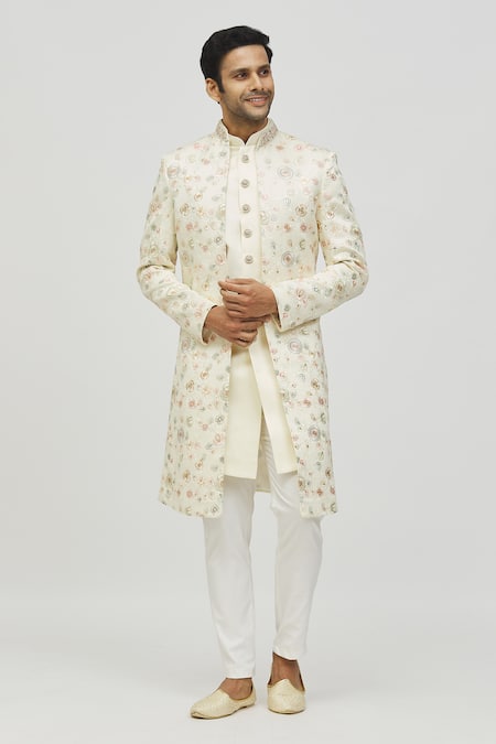 Aryavir Malhotra Cream Silk Self Hand Work Floral Pattern Jacket With Sherwani Set 