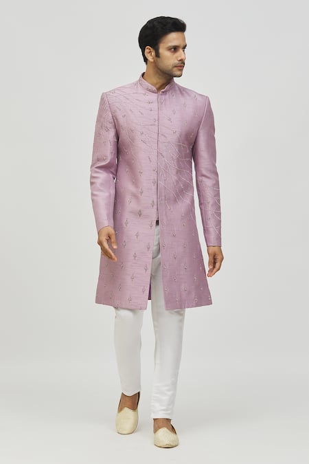 Shop Arihant Rai Sinha Purple Silk Embroidery Sherwani And Pant Set Online at Aza Fashions Shop_Arihant Rai Sinha_Purple Silk Embroidery Sherwani And Pant Set _Online_at_Aza_Fashions