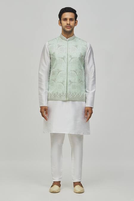 Nayantara Couture_Blue Silk Embroidery Floral Geometric Nehru Jacket _Online_at_Aza_Fashions