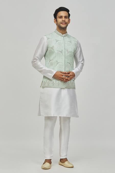 Shop_Nayantara Couture_Blue Silk Embroidery Floral Geometric Nehru Jacket _Online_at_Aza_Fashions