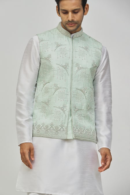 Nayantara Couture_Blue Silk Embroidery Floral Geometric Nehru Jacket _at_Aza_Fashions