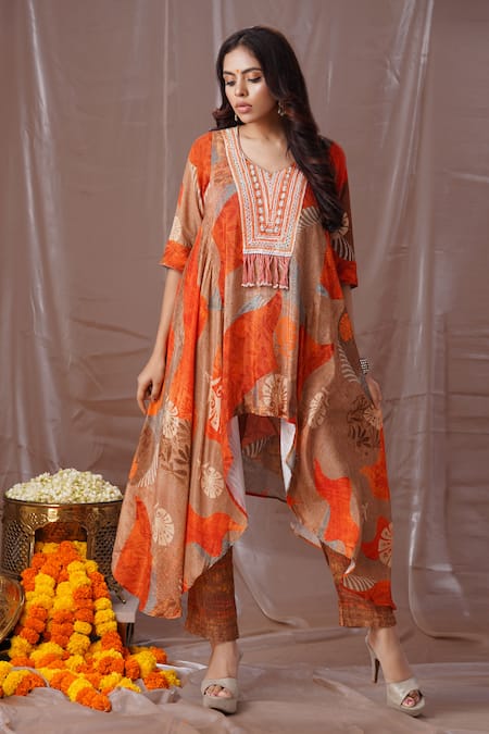 Amani Orange Muslin Silk Printed And Yoke Asymmetric Kurta & Pant Set  