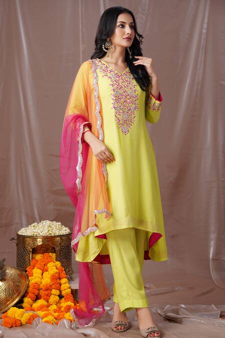 Amani_Green Crepe, Net Gota Patti, Mirrors, Thread Embroidered A-line Kurta Set_Online_at_Aza_Fashions