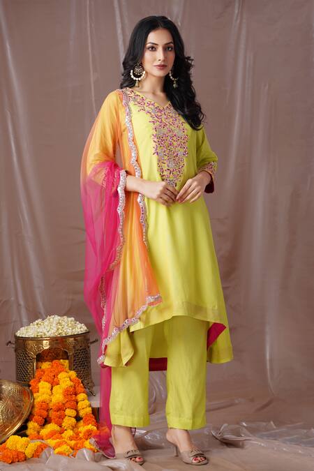 Buy_Amani_Green Crepe, Net Gota Patti, Mirrors, Thread Embroidered A-line Kurta Set_Online_at_Aza_Fashions