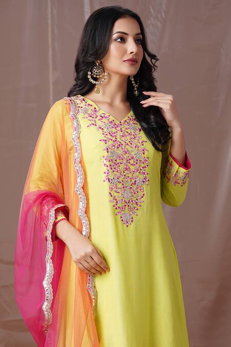Shop_Amani_Green Crepe, Net Gota Patti, Mirrors, Thread Embroidered A-line Kurta Set_Online_at_Aza_Fashions