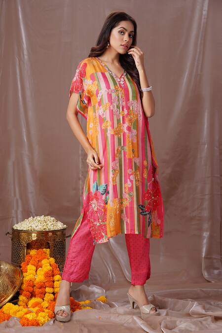 Buy Amani Pink Muslin, Silk Sequins, Pearls, Cut Printed And Embroidered Kaftan With Pant Online at Aza Fashions Buy_Amani_Pink Muslin, Silk Sequins, Pearls, Cut Printed And Embroidered Kaftan With Pant _Online_at_Aza_Fashions