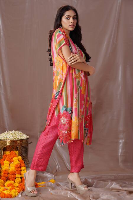 Shop Amani Pink Muslin, Silk Sequins, Pearls, Cut Printed And Embroidered Kaftan With Pant Online at Aza Fashions Shop_Amani_Pink Muslin, Silk Sequins, Pearls, Cut Printed And Embroidered Kaftan With Pant _Online_at_Aza_Fashions