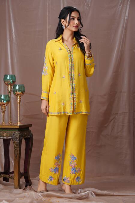 Amani Yellow Muslin, Silk Mirrors, Zari, Gota Patti, Embroidery Shirt And Pant Set Online at Aza Fashions Amani_Yellow Muslin, Silk Mirrors, Zari, Gota Patti, Embroidery Shirt And Pant Set_Online_at_Aza_Fashions