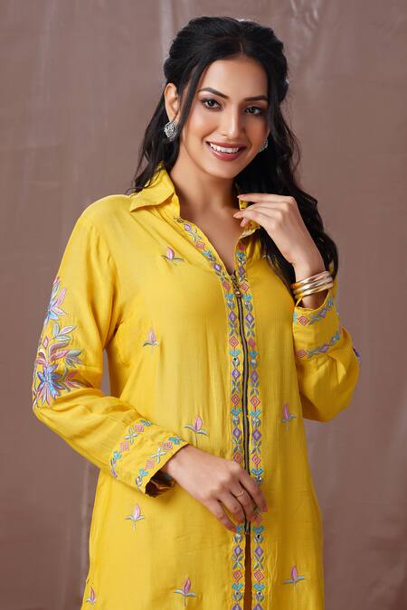 Buy Amani Yellow Muslin, Silk Mirrors, Zari, Gota Patti, Embroidery Shirt And Pant Set Online at Aza Fashions Buy_Amani_Yellow Muslin, Silk Mirrors, Zari, Gota Patti, Embroidery Shirt And Pant Set_Online_at_Aza_Fashions