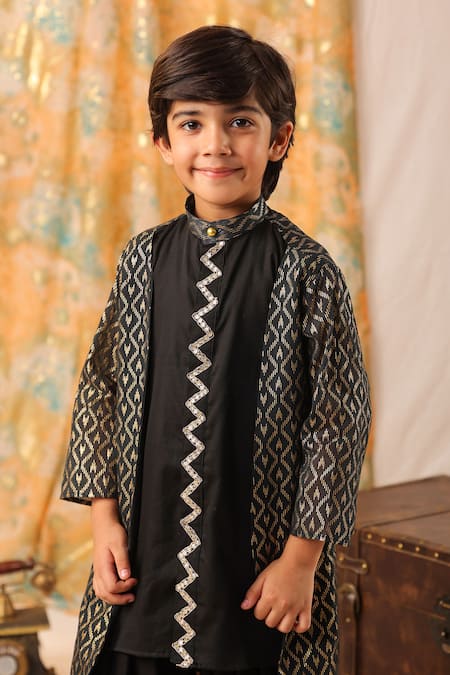 Cute Couture_Black Cotton, Silk, Rayon Gota Patti, Embroidery Hand Kurta And Churidar Set _at_Aza_Fashions