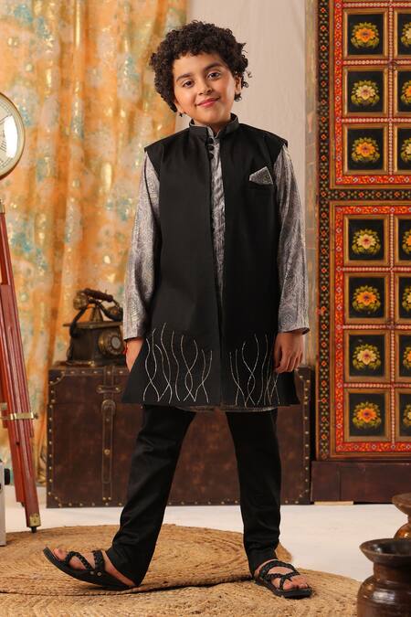 Buy_Cute Couture_Black Cotton, Silk Zari Zardosi Embroidered Kurta Set _Online_at_Aza_Fashions