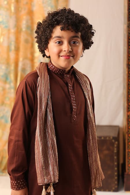 Shop_Cute Couture_Brown Cotton, Silk Embroidery, Mirrors Placket Kurta Set _Online_at_Aza_Fashions