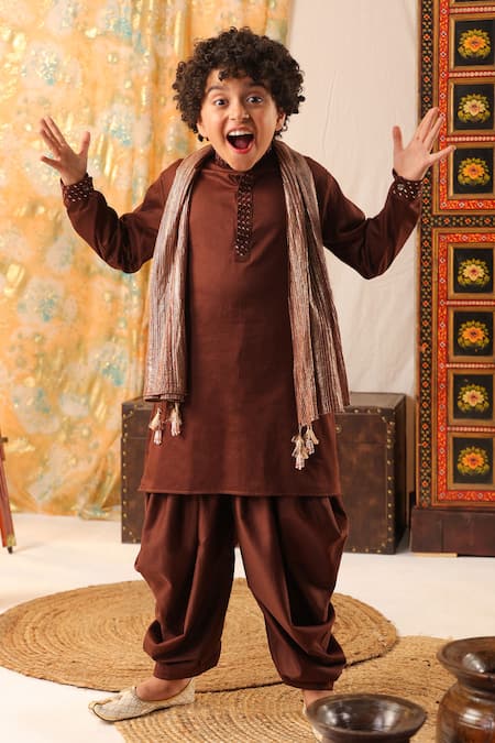 Cute Couture_Brown Cotton, Silk Embroidery, Mirrors Placket Kurta Set _at_Aza_Fashions