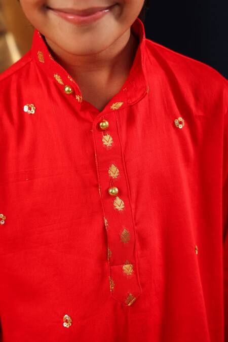Shop_Cute Couture_Red Cotton, Silk Sequins Placket Embroidered Kurta And Churidar Set _Online_at_Aza_Fashions