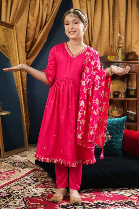 Cute Couture_Pink Cotton, Silk Gota Patti Neck Embroidered Anarkali Set _Online_at_Aza_Fashions