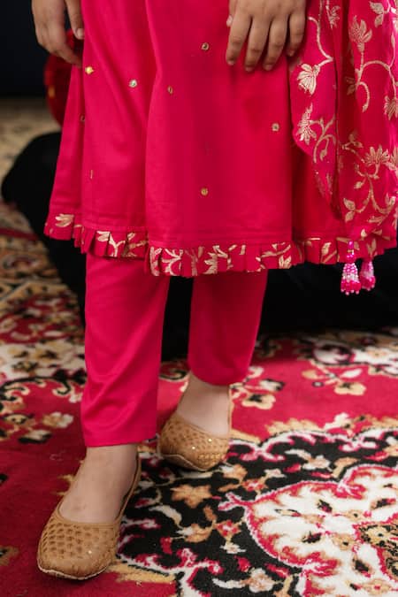 Shop_Cute Couture_Pink Cotton, Silk Gota Patti Neck Embroidered Anarkali Set _Online_at_Aza_Fashions