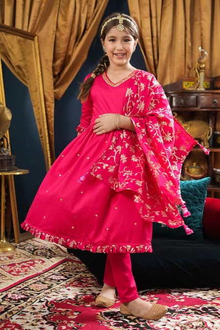 Cute Couture_Pink Cotton, Silk Gota Patti Neck Embroidered Anarkali Set _at_Aza_Fashions