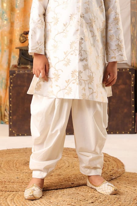 Cute Couture_White Cotton, Silk Embroidery Woven Pattern Sherwani And Pant Set _Online_at_Aza_Fashions