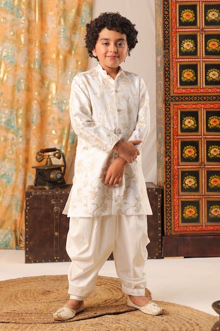 Buy_Cute Couture_White Cotton, Silk Embroidery Woven Pattern Sherwani And Pant Set _Online_at_Aza_Fashions