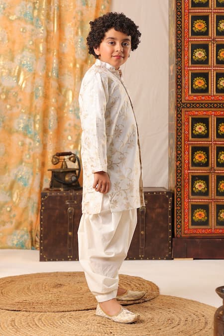 Shop_Cute Couture_White Cotton, Silk Embroidery Woven Pattern Sherwani And Pant Set _Online_at_Aza_Fashions