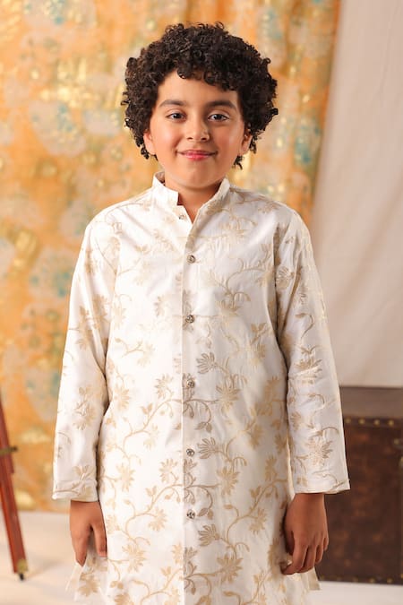 Cute Couture_White Cotton, Silk Embroidery Woven Pattern Sherwani And Pant Set _at_Aza_Fashions