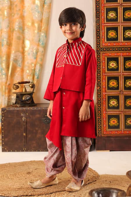 CUTE COUTURE Maroon Italian Cotton Embroidered Gota Bundi And Kurta Set 