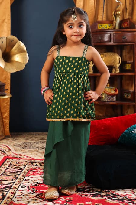 Cute Couture_Green Muslin, Silk Embroidery Banarasi Print Top And Dhoti Skirt Set _Online_at_Aza_Fashions