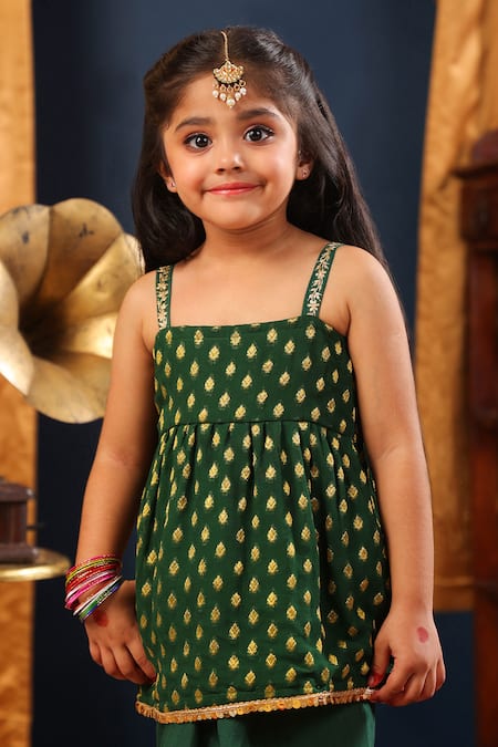 Buy_Cute Couture_Green Muslin, Silk Embroidery Banarasi Print Top And Dhoti Skirt Set _Online_at_Aza_Fashions