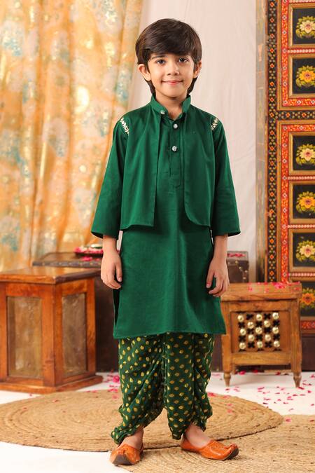 Buy_Cute Couture_Green Cotton, Silk Embroidery Kurta And Printed Dhoti Pant Set _Online_at_Aza_Fashions